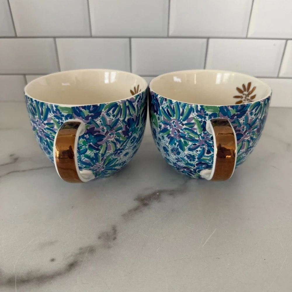 Lilly Pulitzer Ceramic Coffee Tea Cup Mug Tiger Lily Floral Set Of 2 Gold Handle - Picture 6 of 7